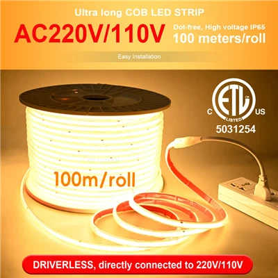 220V Sürücüsüz IP65 Su Geçirmez Noktasız 100m Rulo Cob Led Işık Şeridi